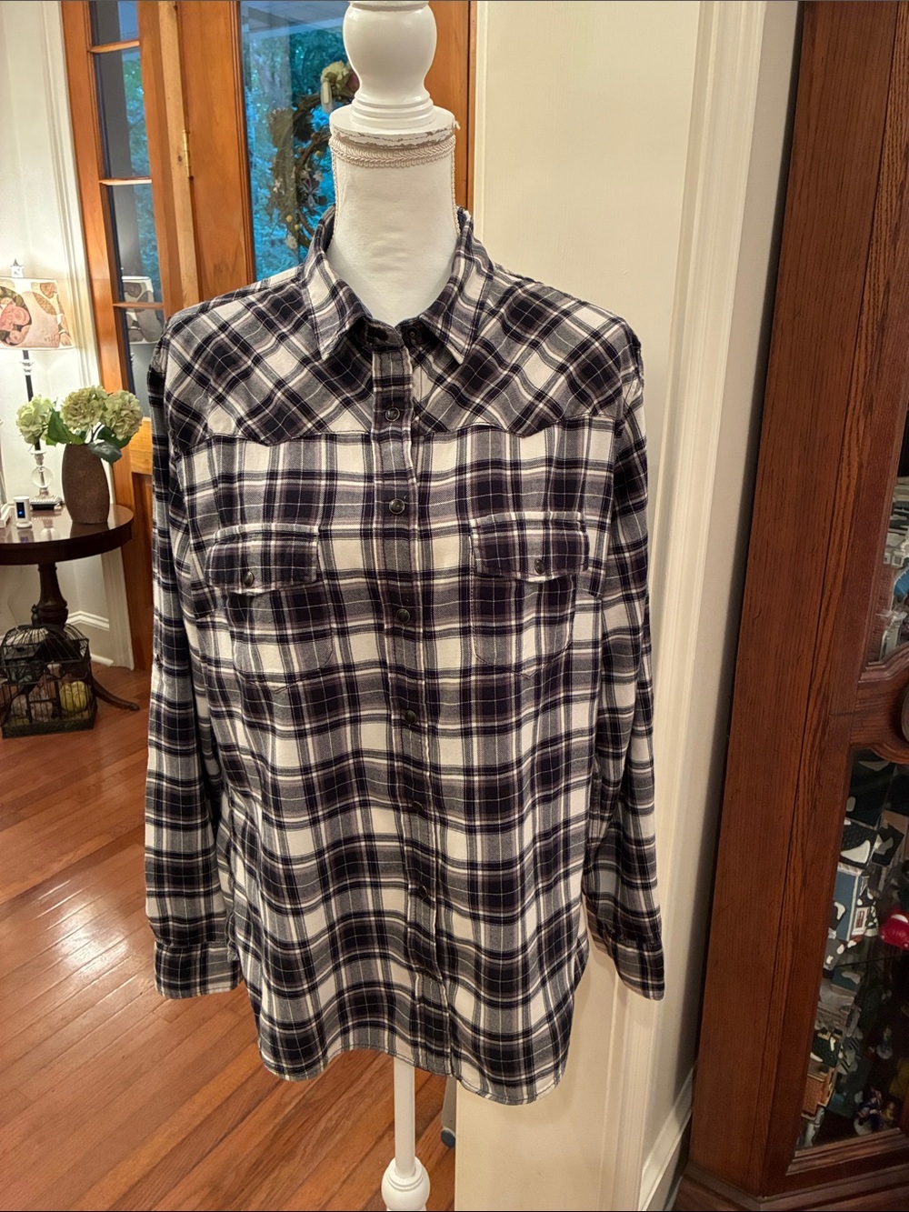 Bea JACHS Girlfriend Black and White Plaid Pearl Snap Shirt